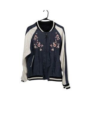 Navy Floral Embroidered Bomber Jacket with White Sleeves Size Large